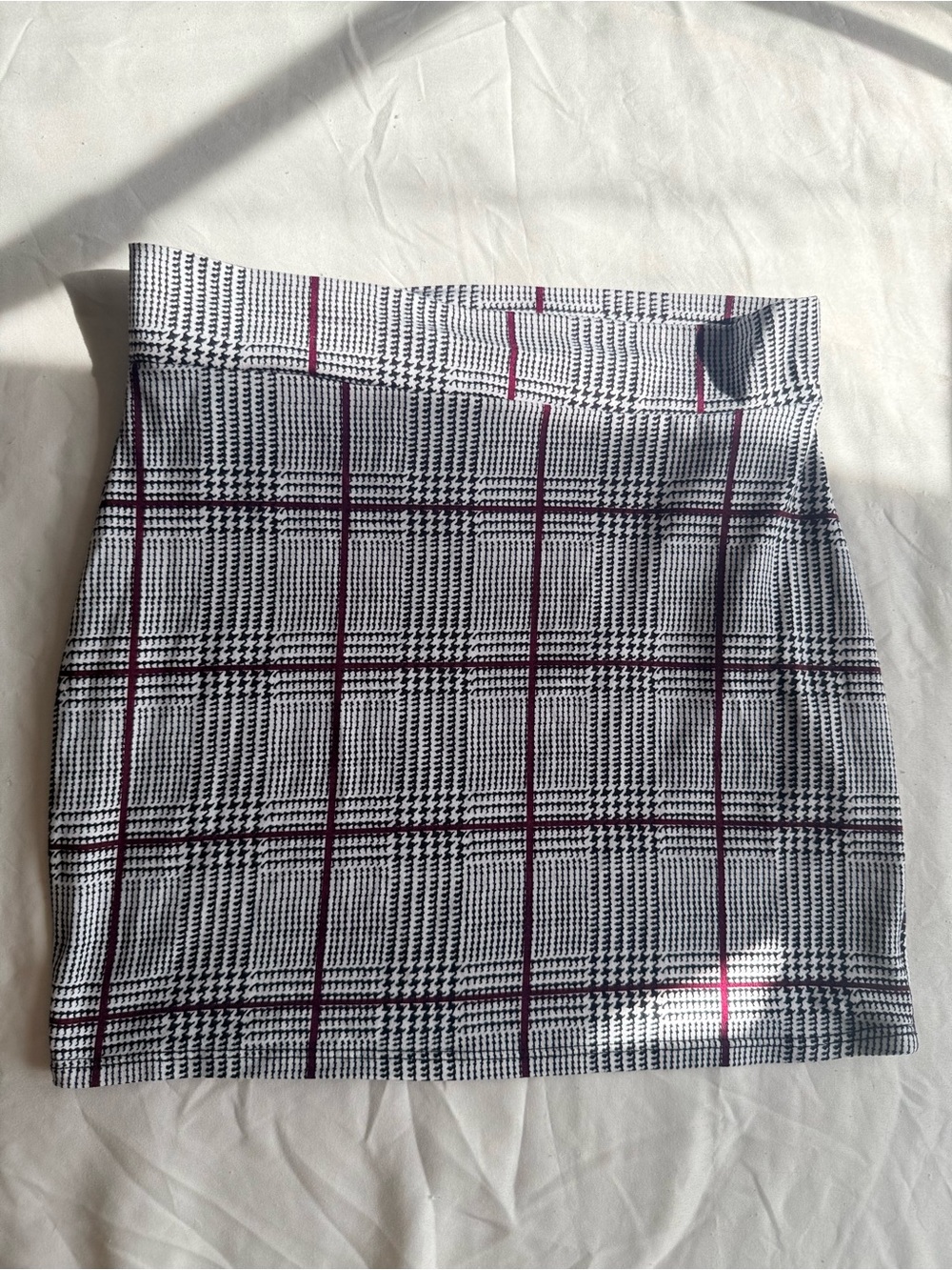 Fashion Nova Black, White & Burgundy Plaid Mini Skirt